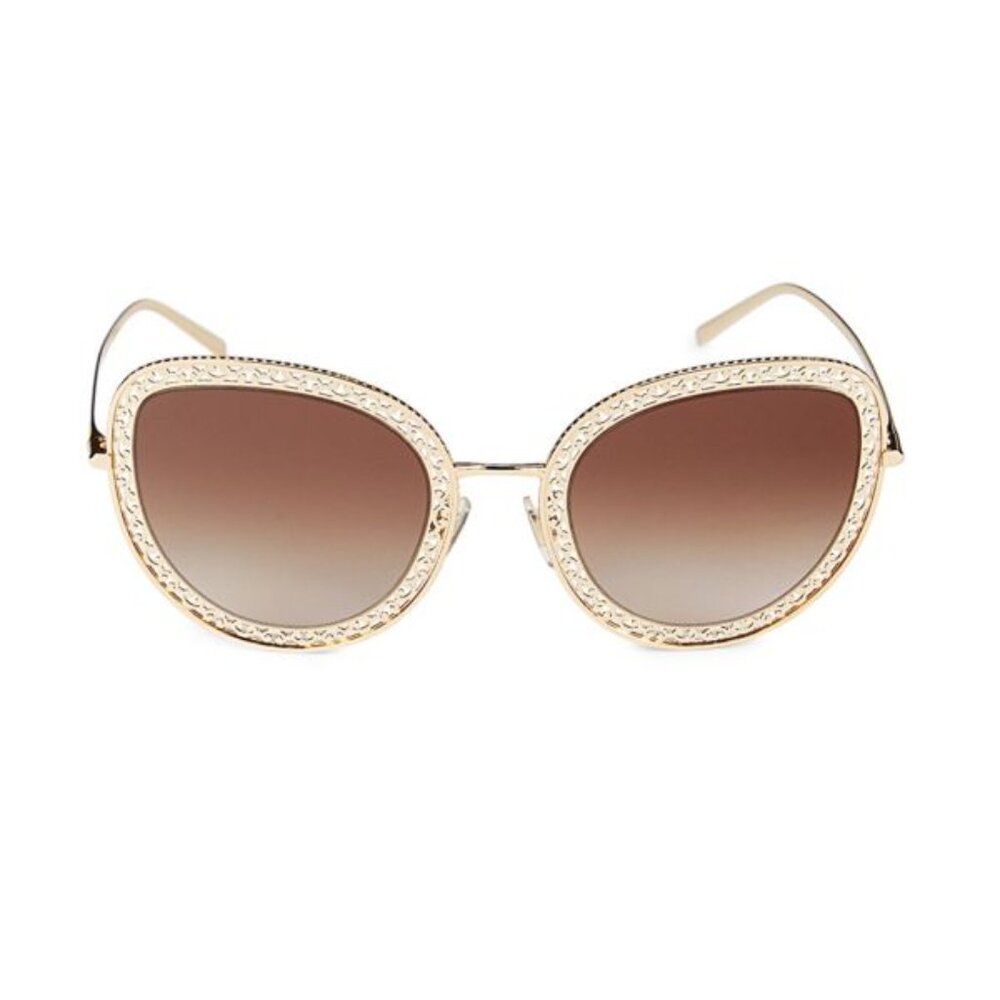 NEW Dolce & Gabbana 54MM Cat Eye Metallic Chrome Gold Gradient Brown Sunglasses